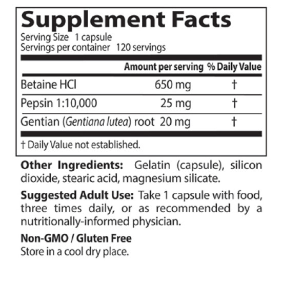 Doctor's Best Betaine HCL Pepsin & Gentian Bitters 120 Capsules