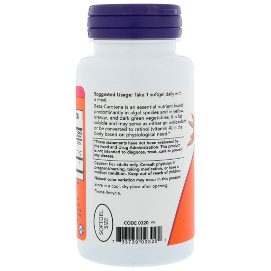 Now Foods Beta-Carotene Natural 25,000iu from Algae 90 Softgels