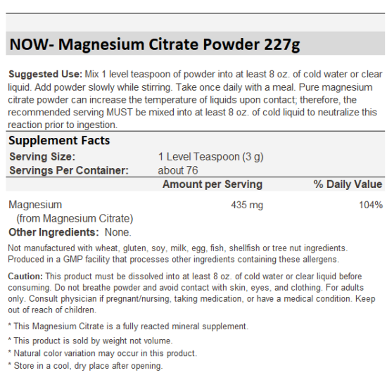 Now Foods Magnesium Citrate Pure Powder 227g