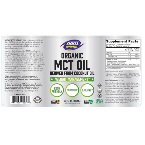 Now Foods MCT Oil Organic Derived From Coconut Oil Pure and Unflavored 473ml