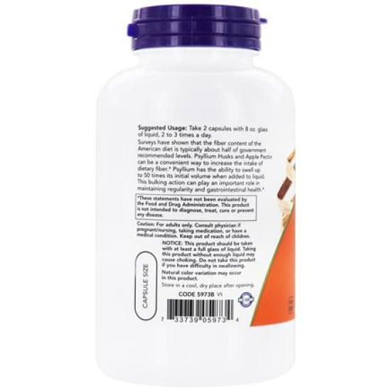 Now Foods Psyllium Husk 700mg + Apple Pectin 180 Capsules