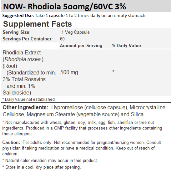 Now Foods Rhodiola 500mg Extract 3% 60 Capsules