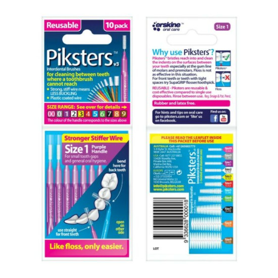 Piksters Interdental Toothbrushes - Size 1 Purple (10 brushes per pack)